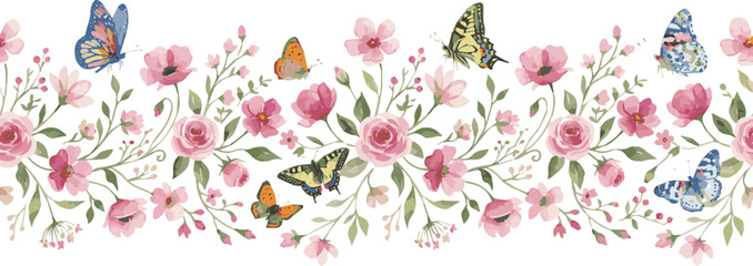 Isolated a realistic Floral seamless border with abstract delicate pink wildflowers and colored butterflies. Isolated watercolor illustration for cover, background, invitation or greeting vector art. © Akhi