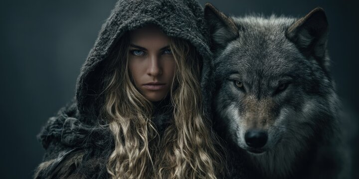 Woman with wolf portrait portraiture nature survival concept