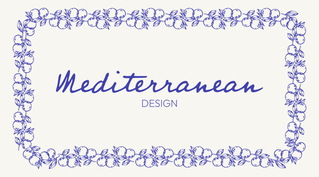 Mediterranean background with a blue border of orange branches and a central text space. Botanical frame for invitations, stationery, packaging, greeting cards, covers, and seasonal layouts.