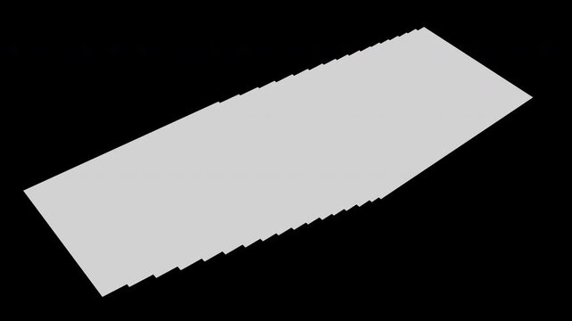 Stack of clean blank paper sheets slides in from the left and smoothly spreads into an overlapping layout. Minimal 3D animation on transparent background, seamless loop in 4K with alpha channel.