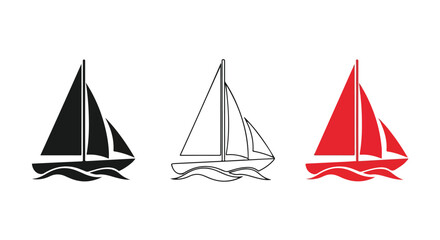 Naklejka premium Collection of three sailboat icons in black, outline, and red, floating on stylized waves