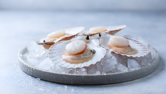Exquisite fresh seafood scallops beautifully arranged on a bed of crushed ice, showcasing their raw natural purity and gourmet appeal