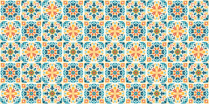 Seamless Mexican tiles pattern with green, orange, and cream floral geometric motifs. Talavera inspired repeating background for wallpaper, fabric, wrapping paper, textiles, and kitchen decor.