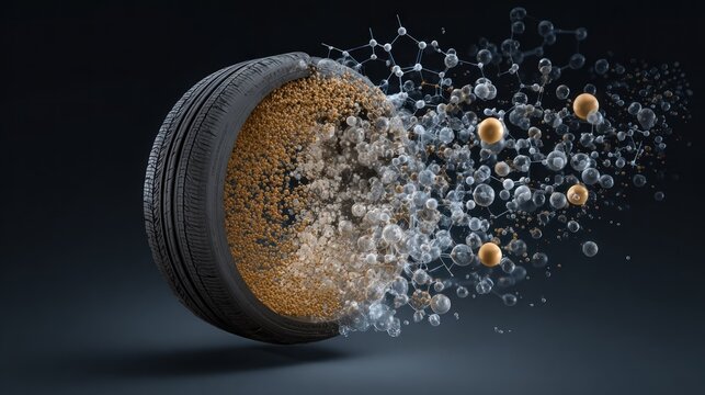 Tire decomposition illustration showing molecule breakdown and technological concepts