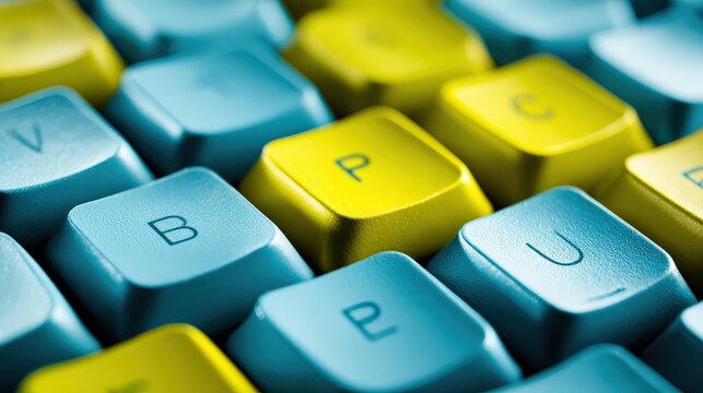 Bright blue and yellow computer keyboard keys are arranged in a  perspective.