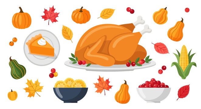 A roasted turkey with pumpkin pie and assorted fall foods on a table setting.