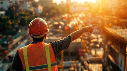 Obraz premium Construction Inspector Points at Urban Site in Midday Sunlight