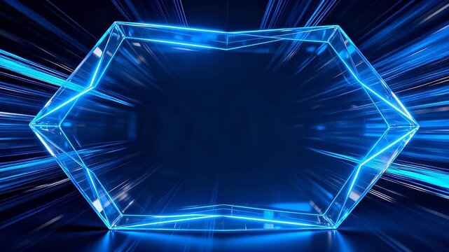 Transparent geometric frame with blue neon light in dark space