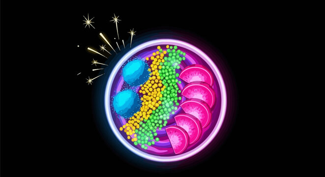 Vibrant illustration of a cell with colorful organelles and sparkling fireworks in the background