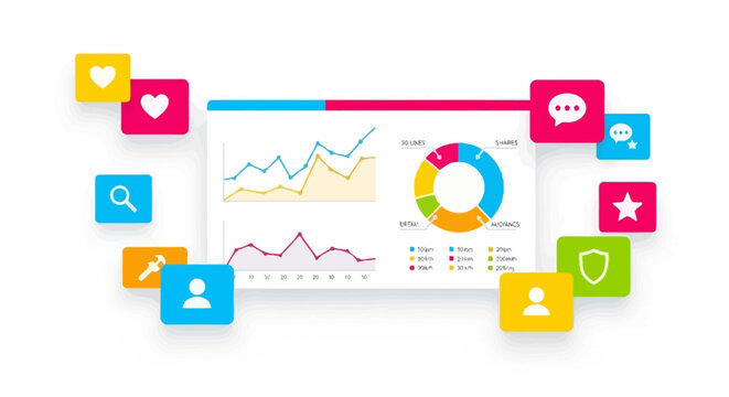 The infographic displays colorful graphs and icons on a computer screen surrounded by social media symbols.