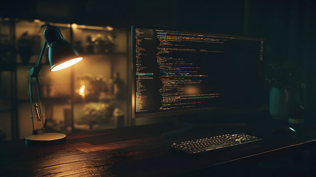 Code Weaver's Desk: A computer screen illuminated by a desk lamp, displaying lines of code, signifying the realm of technology, software, and the digital landscape. 