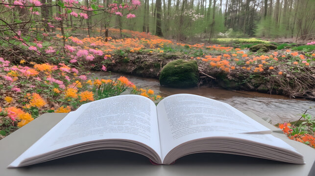 Reading in Nature's Embrace: An open book rests serenely on a table, inviting the reader to immerse themselves in the world of words.