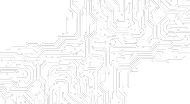 Abstract circuit board pattern on a white background.