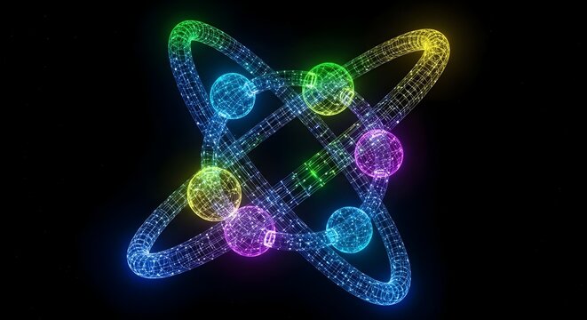 Neon colored atom model structure.