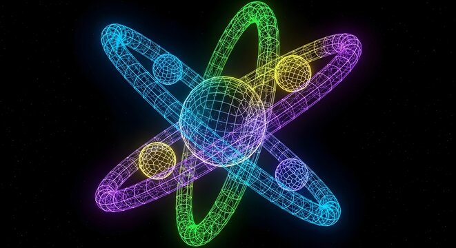 Vibrant neon atom structure with electrons.