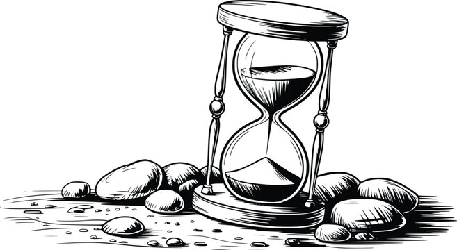 Engraving black and white graphic design drawing of an hourglass surrounded by smooth pebbles and water drops representing passing time.