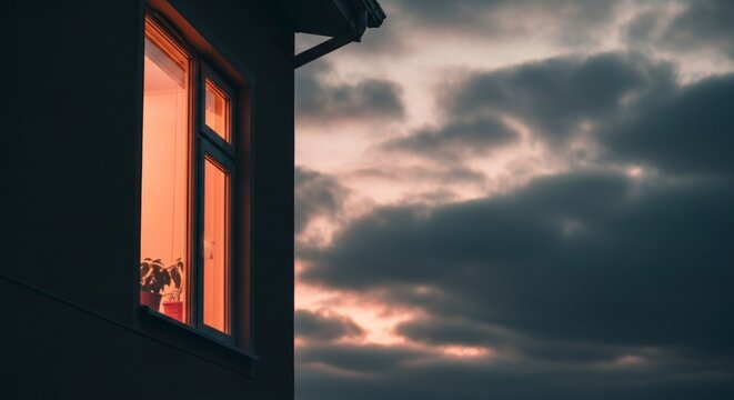 Evening window view with illuminated interior against a dramatic sky backdrop