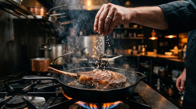 Salt falling onto searing tomahawk steak in cast iron skillet