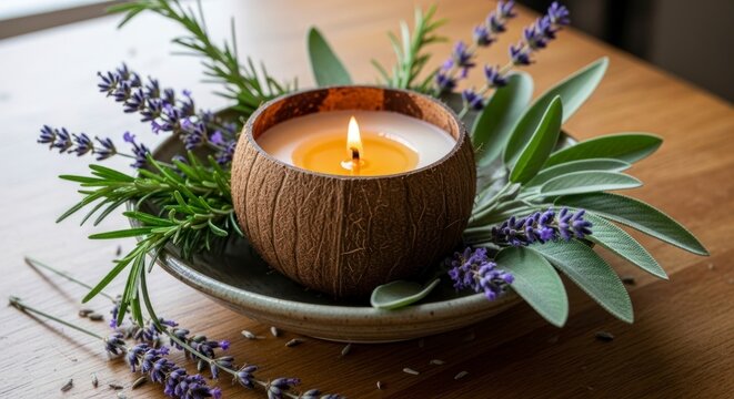 Lit candle in coconut shell with lavender and herbs arrangement