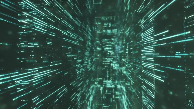 Dynamic visual representation of a digital information highway, showcasing intricate data packets moving through a high-tech network environment