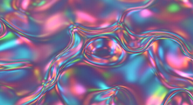Vibrant iridescent background with wavy holographic patterns in shades of pink blue and purple creating a mesmerizing abstract design