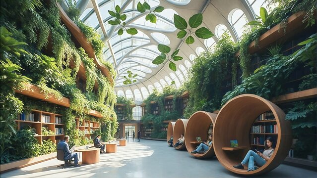 Futuristic library atrium under a glass dome with a geometric biophilic structure of planters. People use laptops in integrated wooden study pods along the perimeter