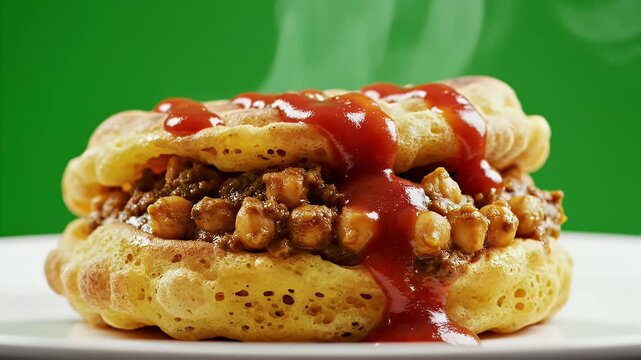 Delectable Trinidad Doubles Savory Street Food Sandwich with Spiced Chickpeas and Tangy Tomato Sauce on a Warm Golden Flatbread Against a Vibrant Green Background