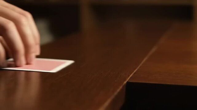 Hand holding playing card on table.
