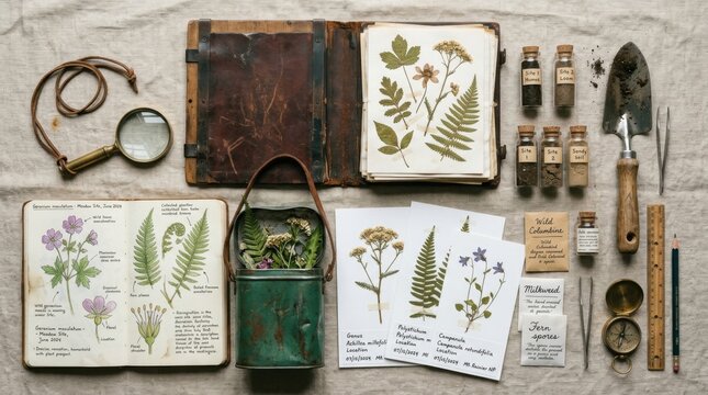 A conceptual flat lay representing the complete toolkit of a professional field botanist, a worn leather specimen press with dried plant specimens visible between the boards, a