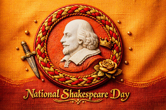 A graphic illustration celebrating National Shakespeare Day with a portrait of the famous playwright