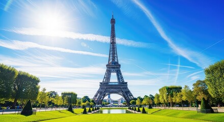 Obraz premium The eiffel tower stands tall against a bright blue sky in paris