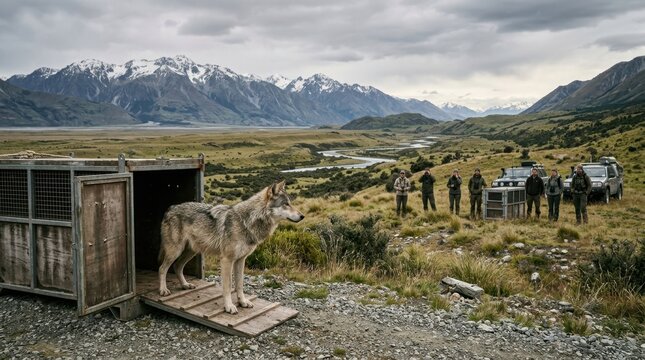 A compelling image of rewilding in practice, a conservation team releasing a pack of wolves from transport crates into a vast open landscape, the first wolf pausing at the crate