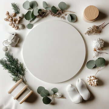 Neutral round frame eucalyptus baby shoes wooden spool greenery dried flowers minimal soft light flat lay announcement