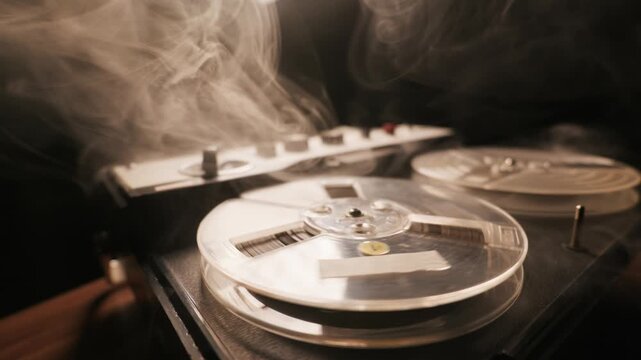 A vintage reel-to-reel tape recorder spins slowly while enveloped in thick cinematic smoke. Concept of retro technology, analog music nostalgia, and old espionage gadgets.
