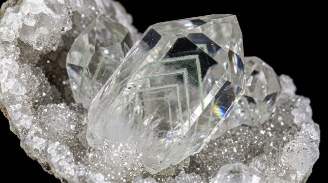 A macro photograph of a freshly cut quartz crystal geode interior showing phantom crystal formations, ghost outlines of earlier crystal growth stages visible as faint inclusions