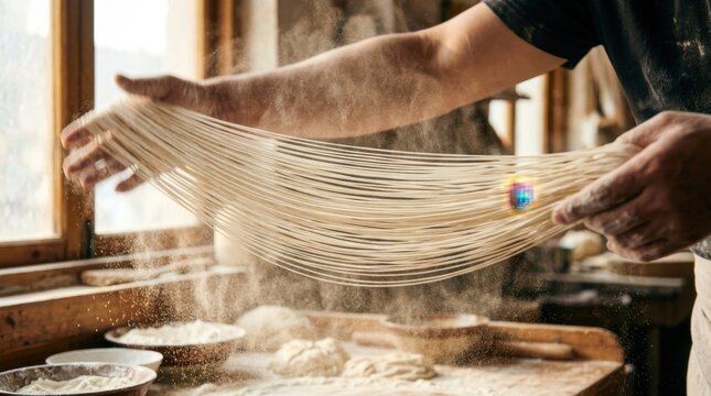 A macro view of traditional hand-pulled noodle making at the moment of final stretch, the dough rope doubled and redoubled dozens of times into hundreds of parallel strands, the