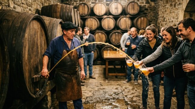 A traditional Basque cider house scene during pouring season, a cider maker opening a barrel spigot releasing a high-pressure stream of natural cider that customers catch in