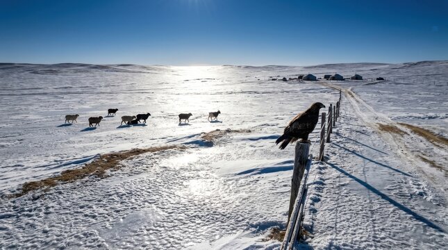 A landscape photograph of a Mongolian winter dzud landscape, the steppe surface locked under a thick ice crust formed after a freeze-thaw cycle, the ice surface reflecting the low