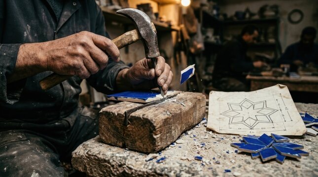 A macro image of traditional Moroccan zellige tile cutting in progress, a craftsman using a special hammer and chisel to chip a glazed ceramic tile into a precise geometric shape