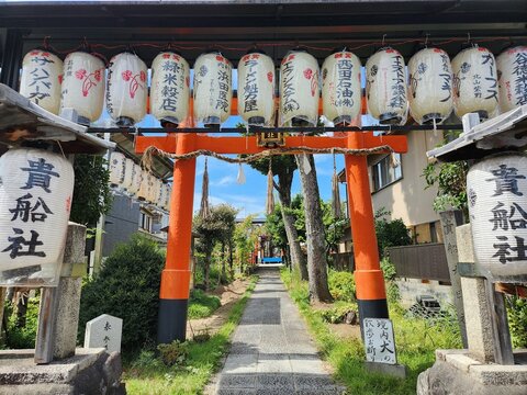 Kifune Shrine approach with torii gate and lanterns in Kyoto Japan
