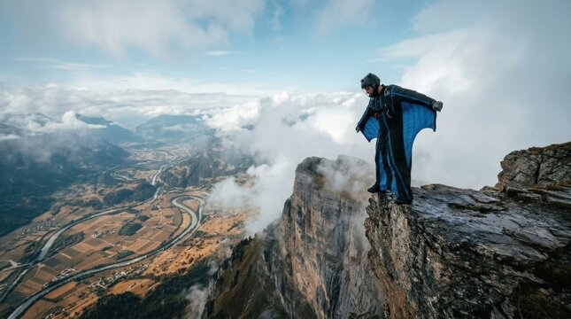 A dramatic base jumping moment captured at exit point, a solo jumper in a wingsuit standing on the edge of a sheer cliff face with arms slightly raised and suit fabric beginning to