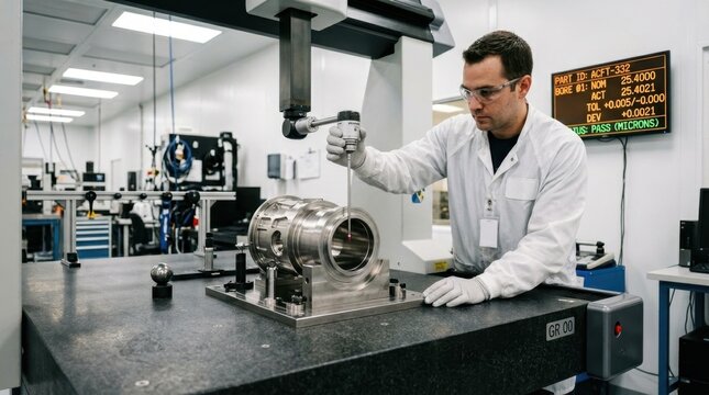 A precision machinist measures a completed aerospace component with a coordinate measuring machine probe, the titanium part sitting on a granite surface plate under the machine's