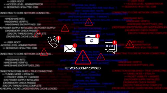 A cybersecurity alert screen showing system Network compromised warning with red interface, breach detected icon, on Black Background and features 4k Motion graphics video
