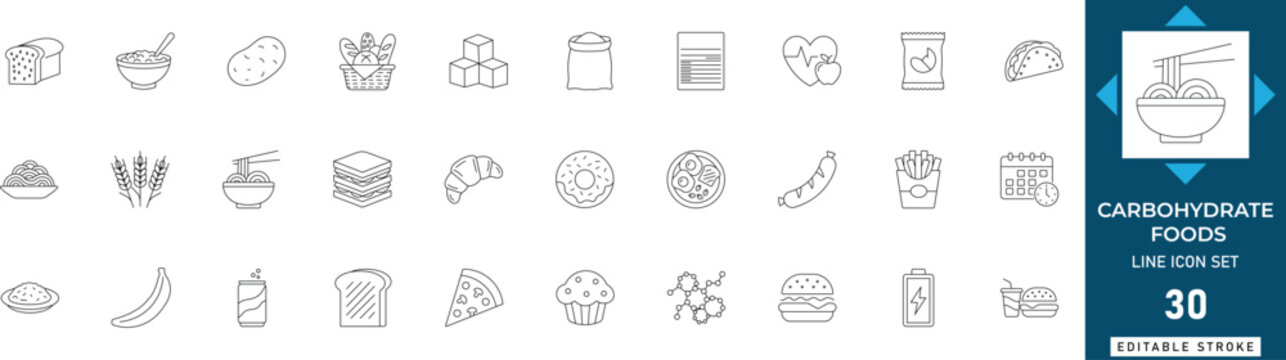 Carbohydrate foods line icon set featuring bread, rice, grain, pasta, potato, cereal, and starch. Professional editable vector illustration