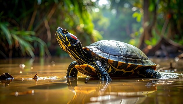 A beautiful turtle basking in the warm sunlight of a serene pond.