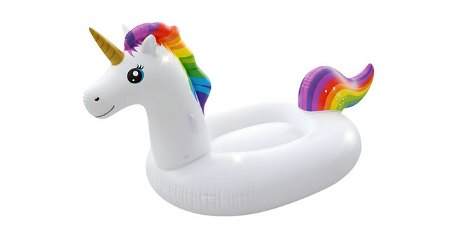 A white inflatable unicorn pool float with a rainbow mane and tail against a black background