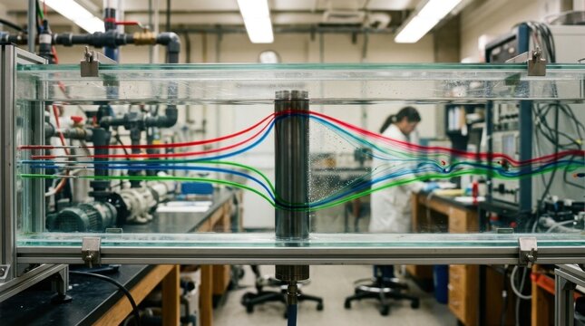 A fluid dynamics experiment in a university laboratory, colored dye injected into a water channel showing laminar flow separating around a cylindrical obstruction, the dye streams