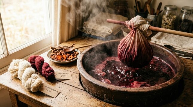 A macro view of a traditional natural dye vat showing madder root extraction in progress, the cloth-wrapped root bundle releasing deep crimson pigment into hot water creating a