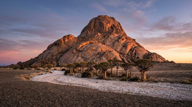 A landscape photograph of a Namib Desert inselberg at dawn, the isolated granite dome rising from a gravel plain completely bare of vegetation on its upper flanks while a gallery