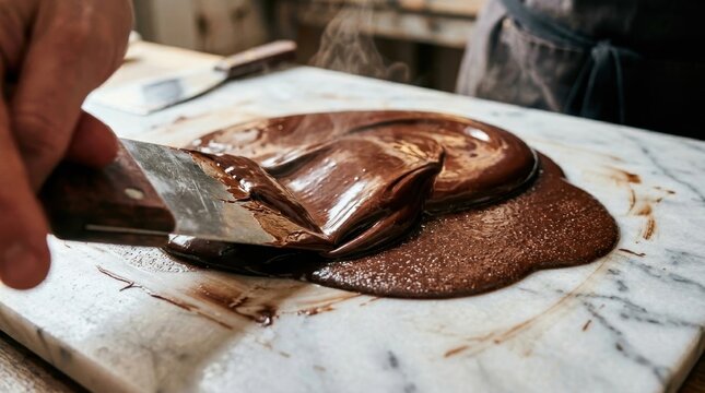 A macro photograph of tempering chocolate on a marble slab, a wave of dark couverture chocolate being worked with a bench scraper, the surface showing simultaneously fluid and semi